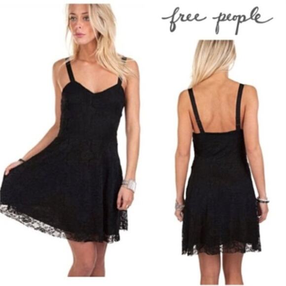 NWT Free People Black Lace Flocked Navy Blue Velvet Mini Dress Size Medium - Picture 1 of 9